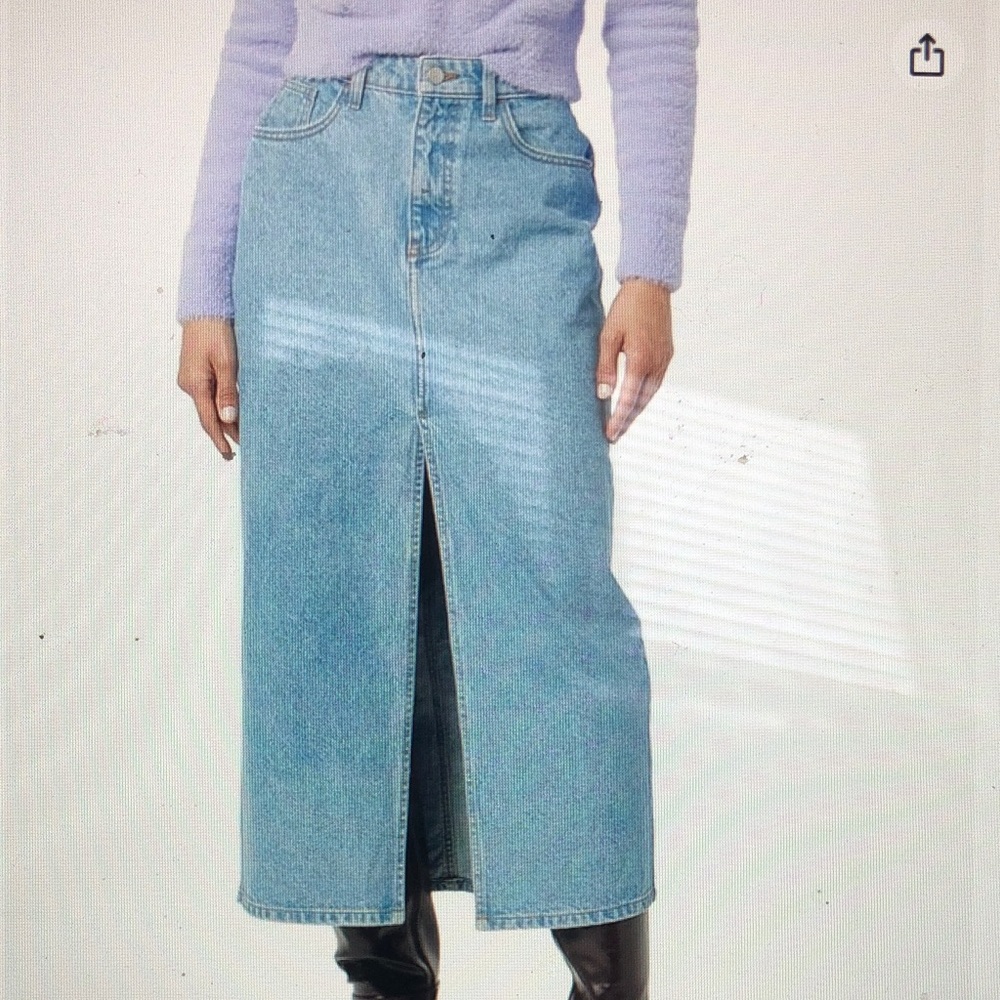 Classic Blue Denim Midi Skirt with Front Slit